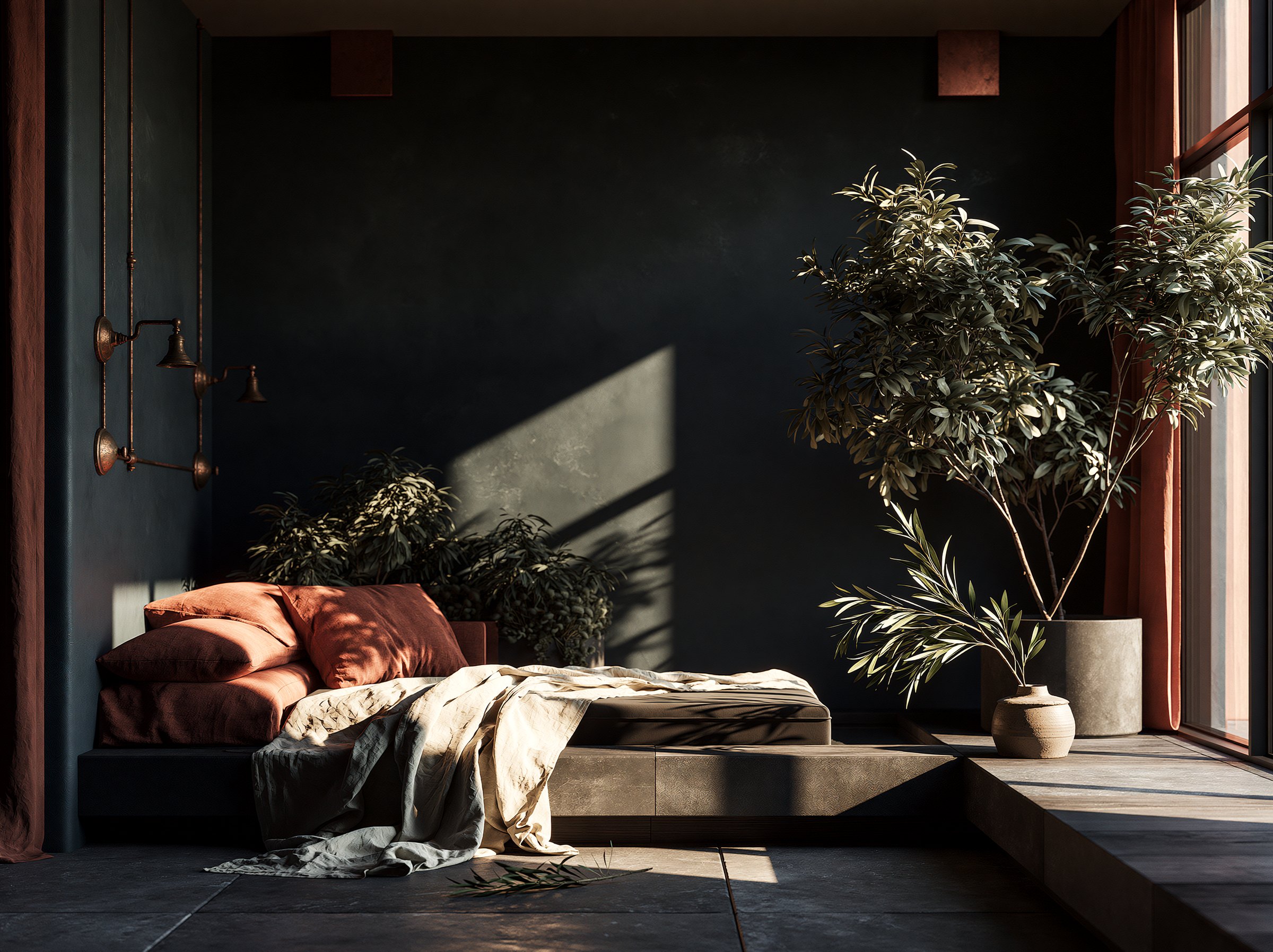 A calm sanctuary interior with warm light, olive trees, terracotta cushions and brass vessels